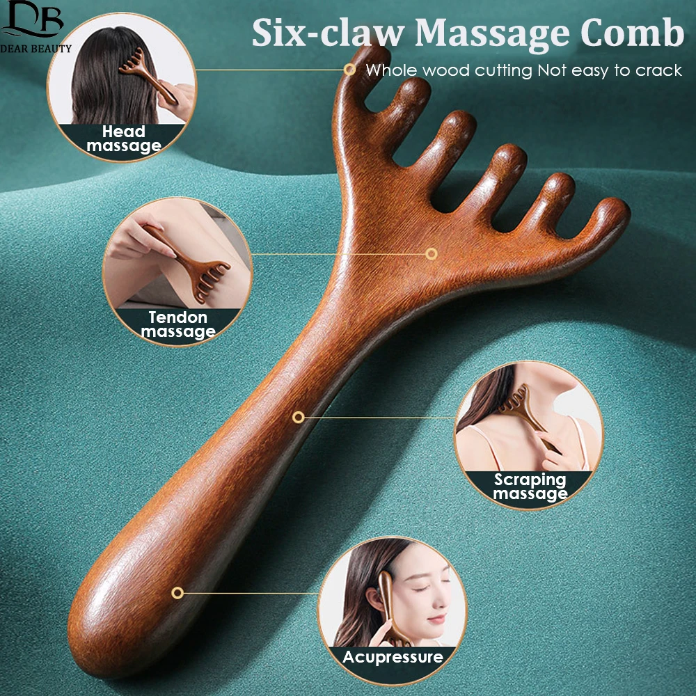 Peine de masaje meridiano con cabeza de seis garras, masaje de acupuntura de sándalo Natural, herramienta Gua Sha, masajeador de raspado para estiramiento facial y cuello