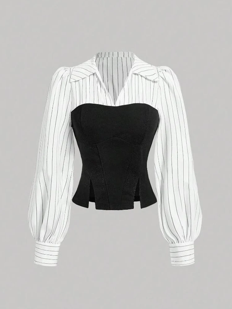 Moda feminina listrado emendado lapela camisa elegante estilo de moda negócios casual escritório wear