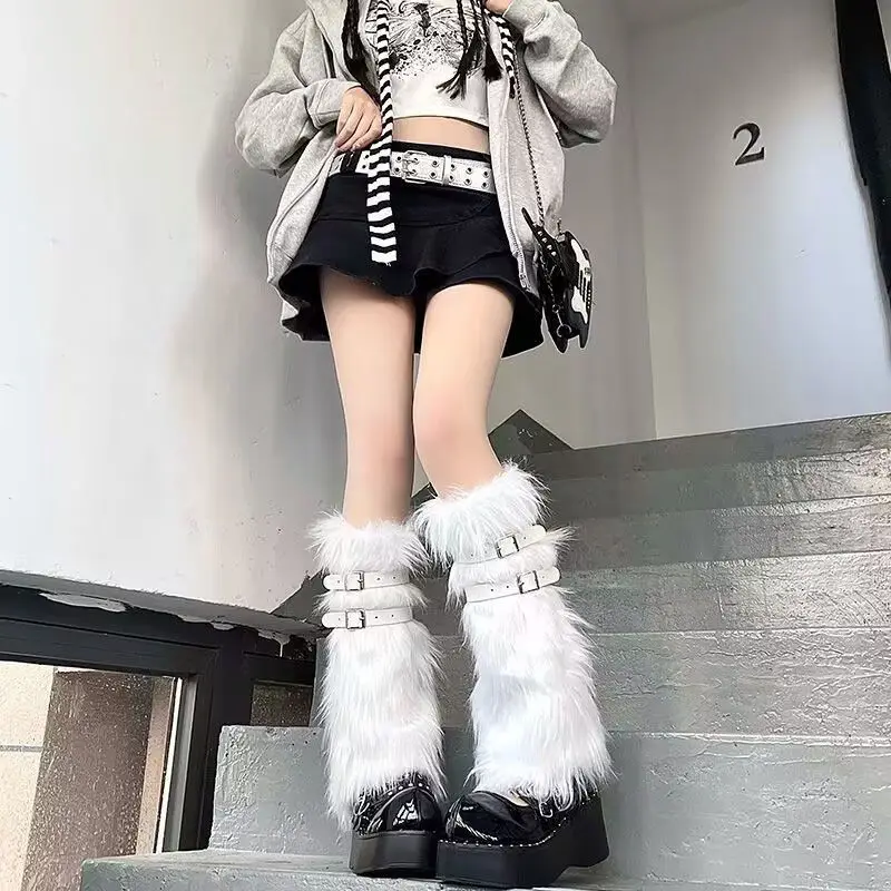 2025 nova menina quente de couro de pelúcia fivela perna capa na moda personalidade punk imitação de couro grama perna capa mais veludo y2k