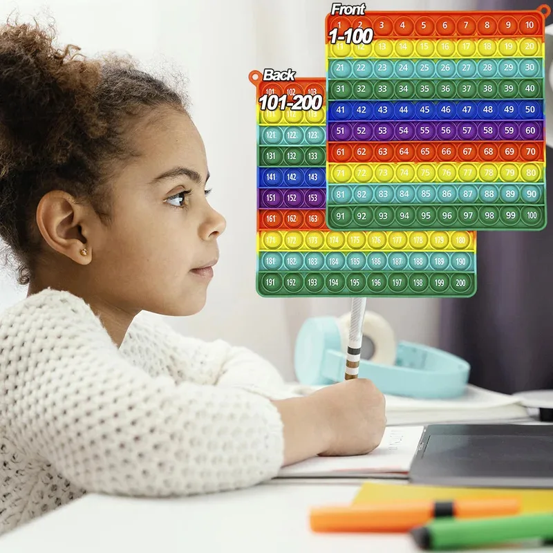 Rainbow Math Fidget Toy - 1-200 Counting Push Bubble Board, Silicone Educational Game for Preschool Kids