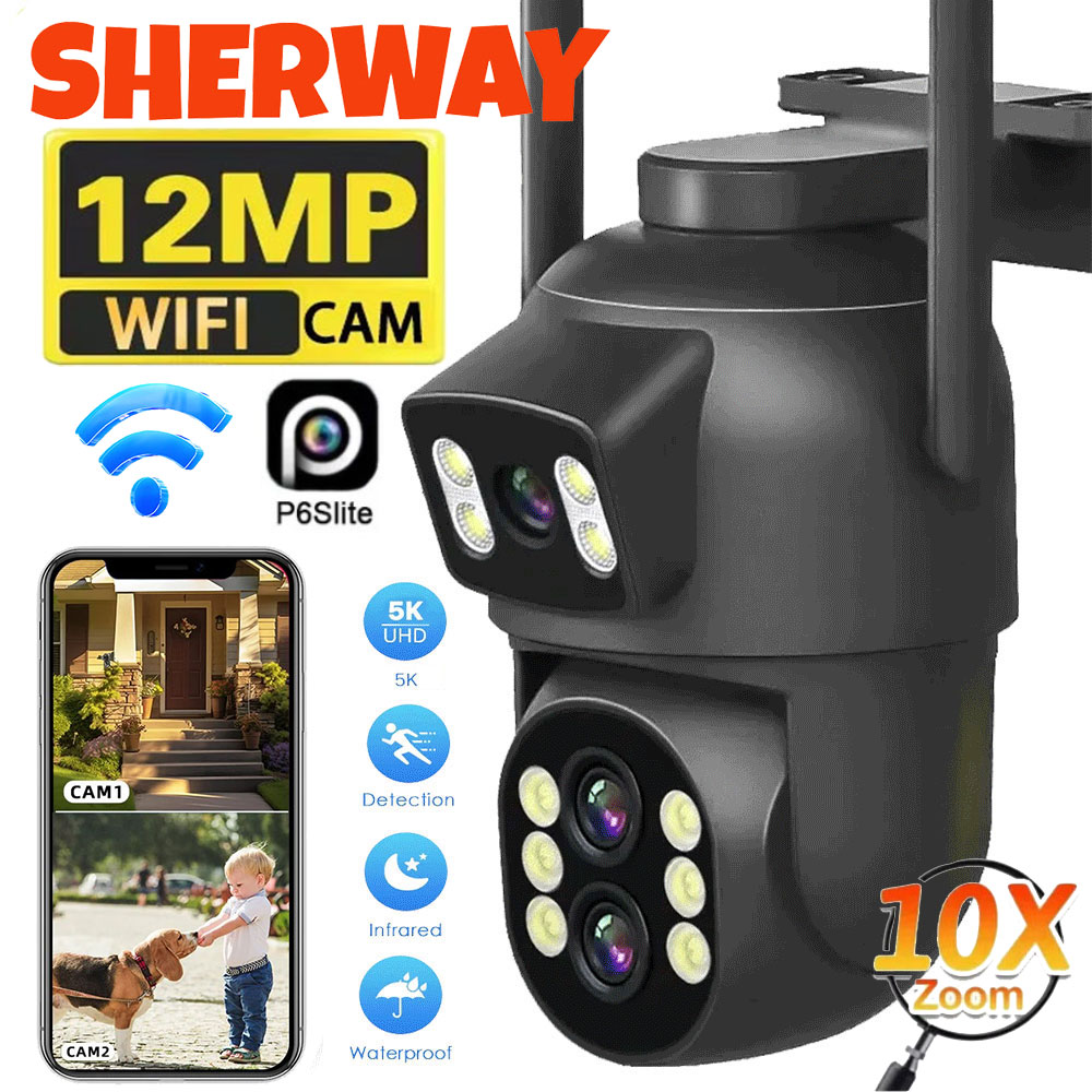 12MP Wifi Dual Lens Outdoor Camera 10X Zoom HD Dual Screens PIZ IP Camera Night Vision Security Protection Câmera P6Slite APP
