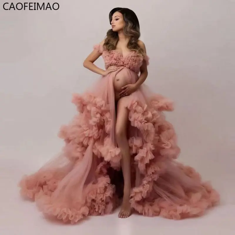 Caofeimao 2025 더스티 블루 임산부 드레스, 우아한 프릴 얇은 명주 그물 사진 촬영 원피스, 연인 맥시 가운