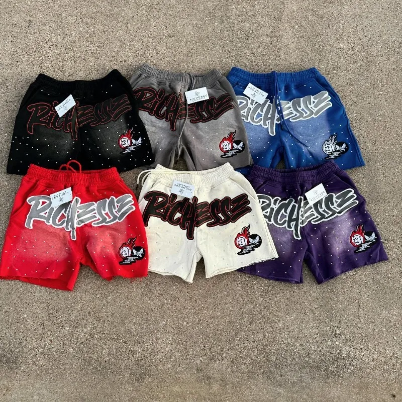 Y2k harajuku shorts masculinos strass carta impressão algodão moletom moda novo hip hop basquete streetwear solto shorts casuais