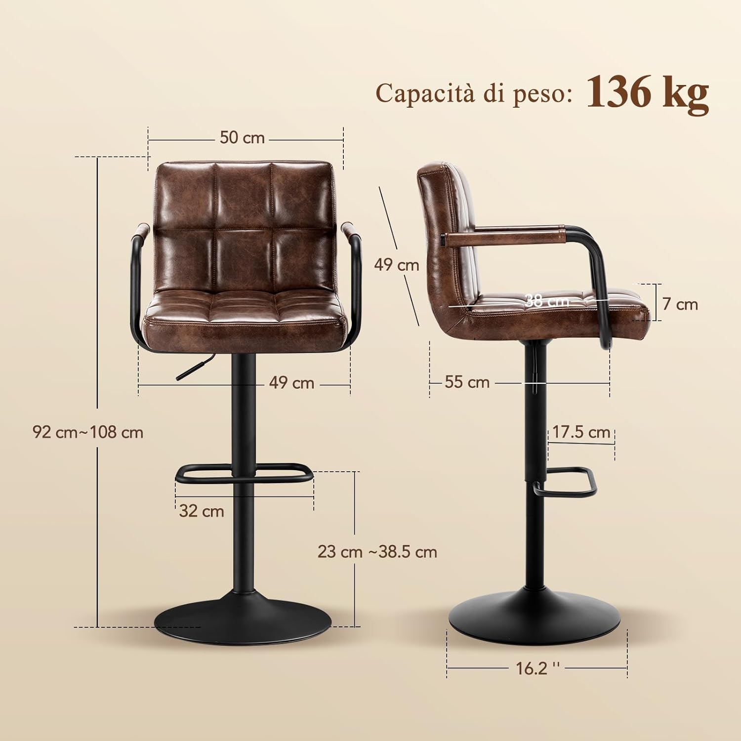 Set of 2, Barstuhl höhenverstellbar aus PU-Leather, 360 ° Swivel Chair Kitchen Chair with Armrest, Backrest and Footrest for Kitchen, W