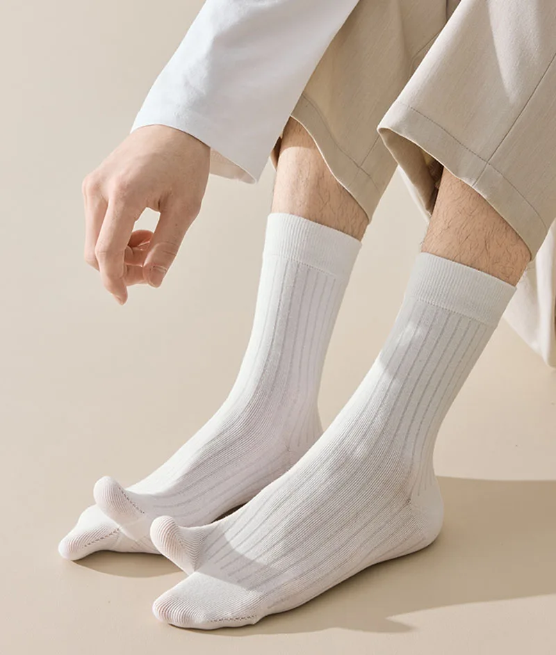 Casual Vertical Striped Middle Tube 2 Toe Socks For Men Solid Color Thumb Split Toe Socks Spring Autumn Elastic Two Toes Socks
