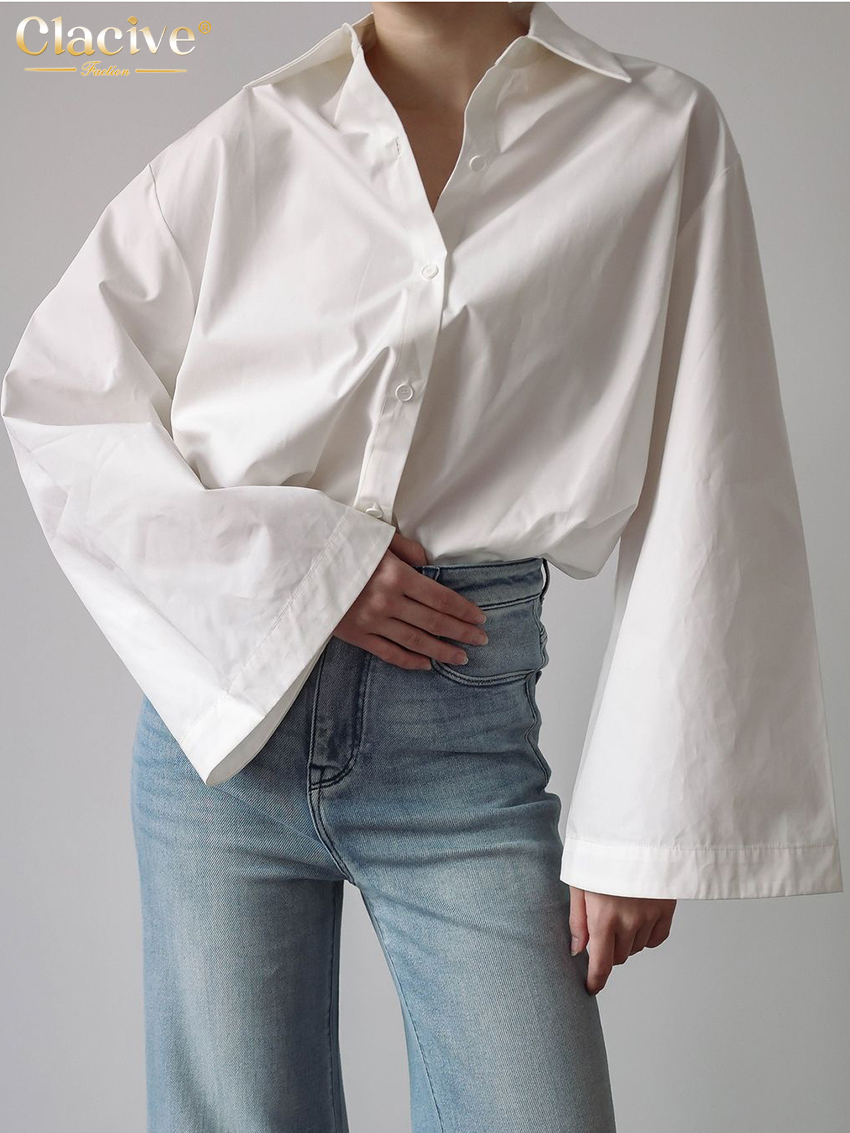 Clacive moda solta blusa feminina de algodão branco 2025 casual lapela camisa de manga longa elegante clássico sólido topo roupas femininas