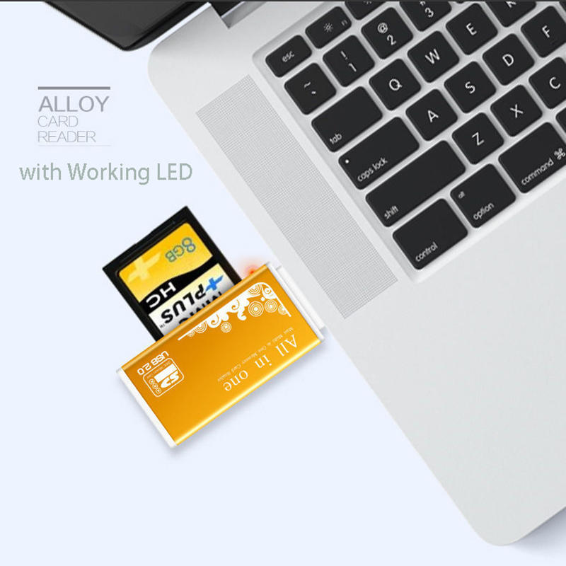 Leitor de cartão de liga 4 portas USB2.0 Micro SD TF M2 MS Pro Duo MMC SDHC DV Adaptador de cartão de memória para câmera de telefone com indicador LED