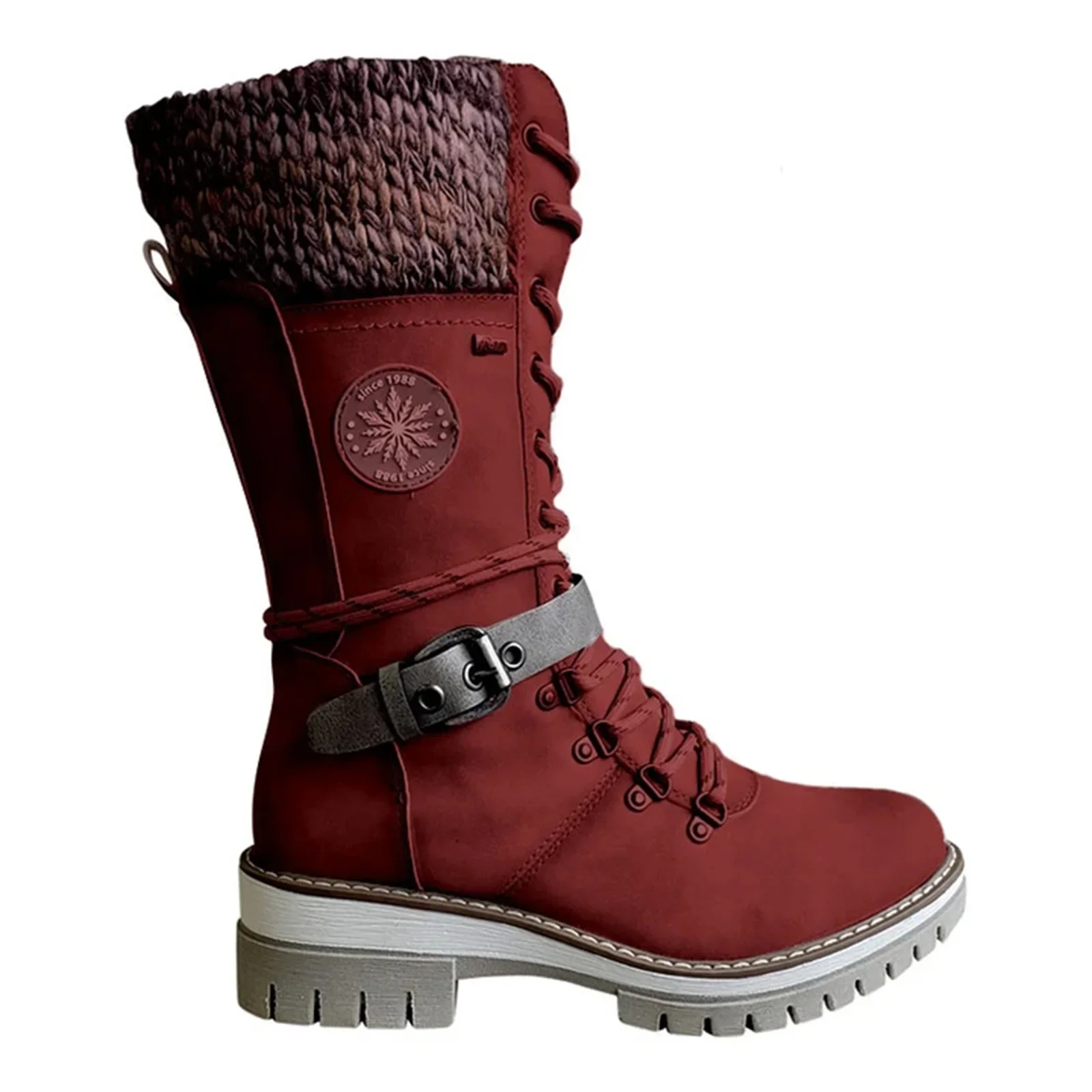 Botas De media caña con hebilla De encaje para Mujer, botines cálidos De tacón bajo con punta redonda, De alta calidad, invierno, 2023