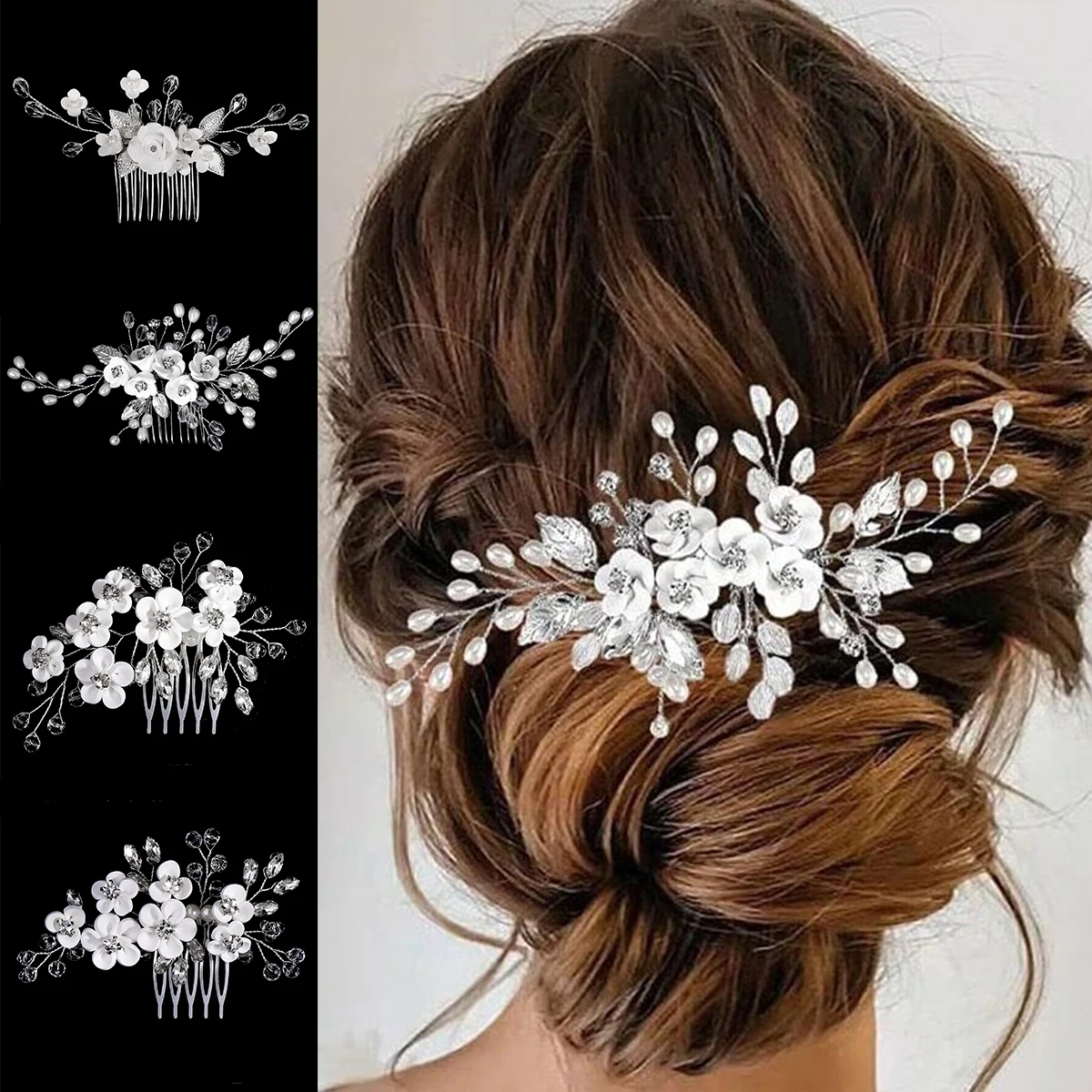 White Soft Ceramic Flower Women's Hair Comb Pearl Rhinestone Daily Hair Clip Wedding Party Bridal Jewelry Headdress