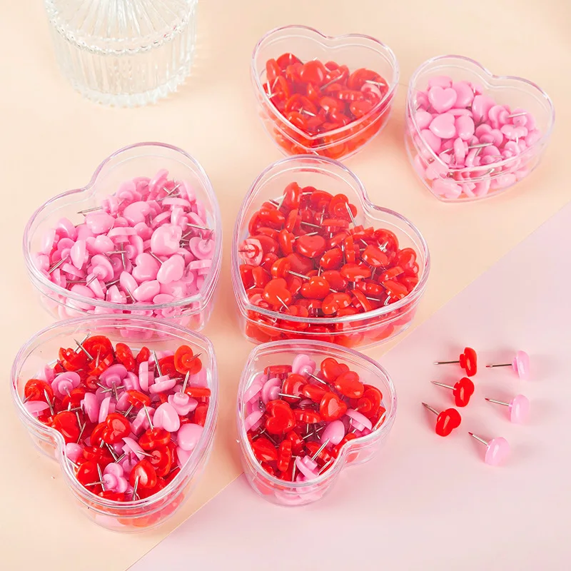 50 pieces/box Heart-shaped plastic push pins Made of high-quality cork board Safe colored push pins Office and school supplies