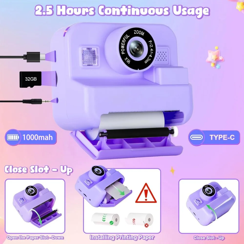 Cámara educativa de impresión instantánea térmica con tarjeta de 32G, Mini cámara de vídeo Digital para niños de 1080P para el desarrollo de aprendizaje de los niños