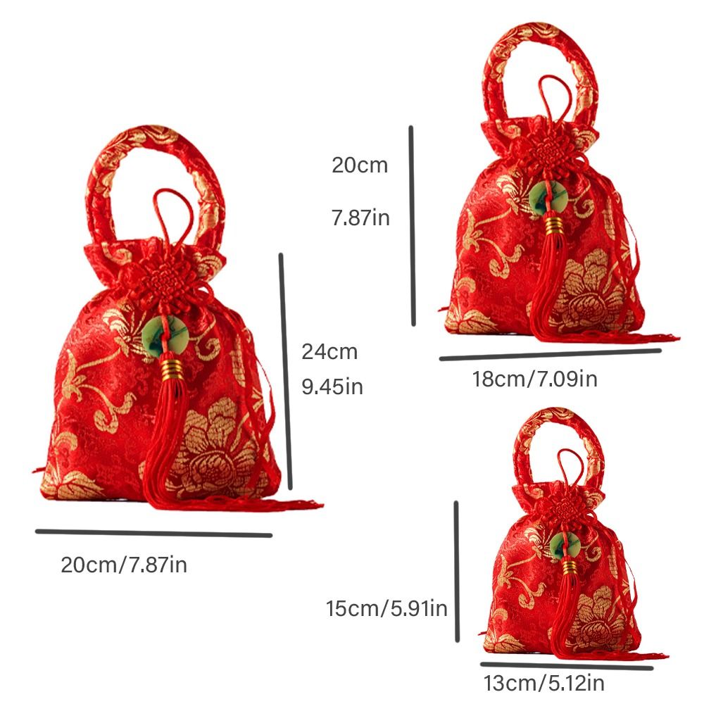 1Pc Canvas Festive Flower Drawstring Bag Chinese Knot Tassel Sugar Bag Wedding Large Capacity Handbag