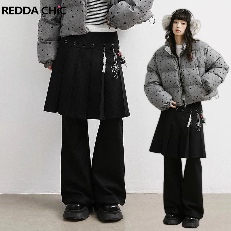 Reddachic saia sobreposição feminina vestido calças ilhós pretos plissados cintura baixa bootcut calças de perna larga acubi moda y2k streetwear