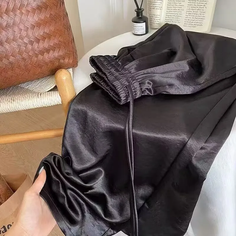 Calças Es de Acetato Satin com Pernas Largas para Mulheres, Novas Calças de Verão de Cintura Alta com Textura Elástica...