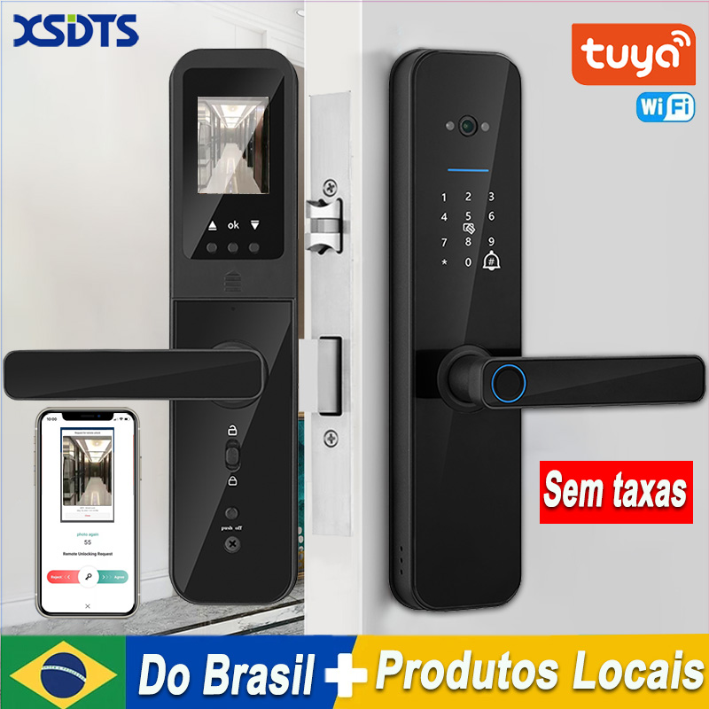 Xsdts tuya wifi digital eletrônico inteligente fechadura da porta com câmera biométrica impressão digital cartão inteligente senha chave desbloqueio