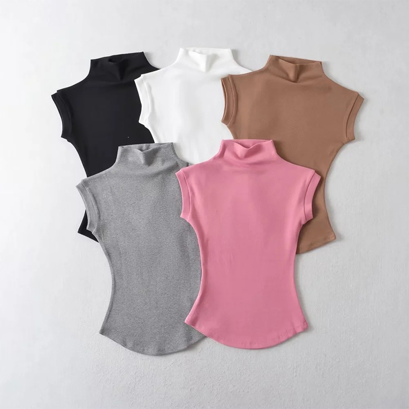 女性の夏のセクシーなタートルネックノースリーブ Tシャツトップス固体スリムフィットプルオーバー因果 Tシャツシャツ女性のストリートの基本 Tシャツ