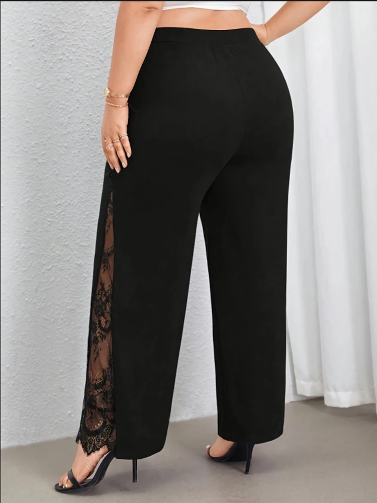 Dames plus size zwarte elegante lente zomer casual split kant patchwork losse elastische taille wijde pijpen broek met rechte pijpen