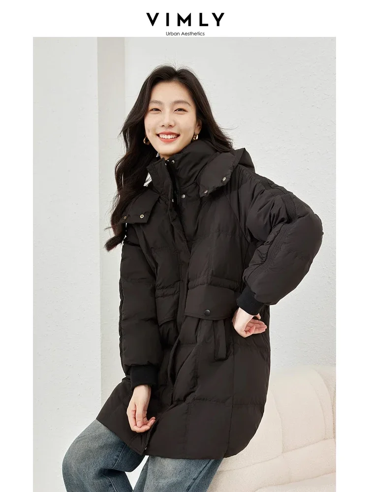 Vimly-abrigos negros con capucha y cremallera para mujer, chaquetas largas gruesas y cálidas para invierno, ropa informal recta a prueba de viento para mujer 2024 50618