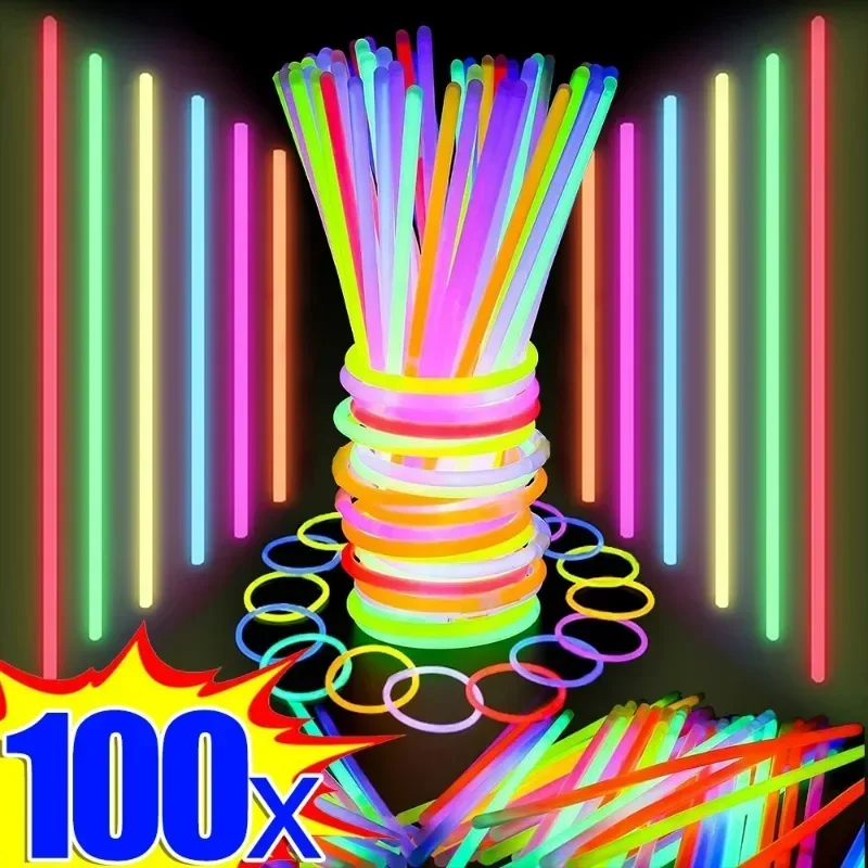 100 Stück Fluoreszenzstäbe, Party, mehrfarbig, leuchtender Stab, helles buntes Licht, biegsames Leuchtarmband, chemische Fluoreszenz