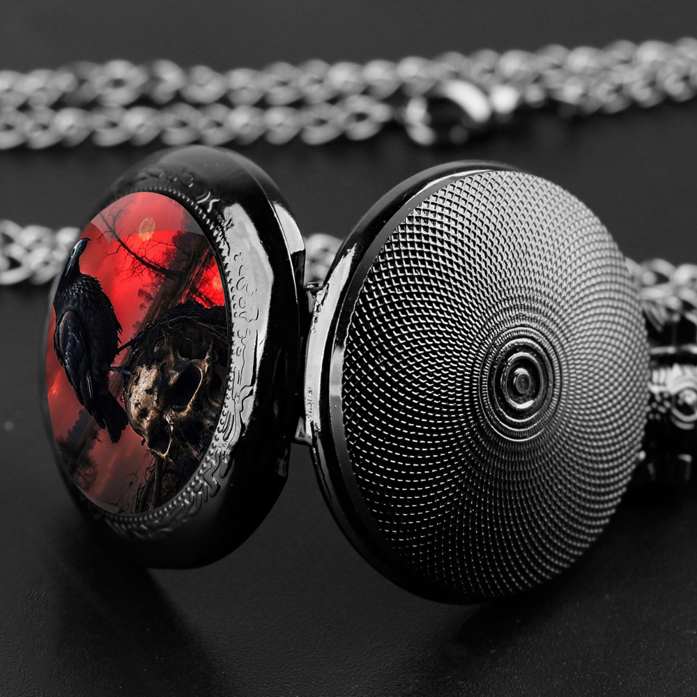Vintage Quartz Relógio de Bolso para Homens e Mulheres, Lua, Crânio, Padrão Corvo, Colar Fashion, Pingente, Presente Da Jóia, Relógio Steampunk