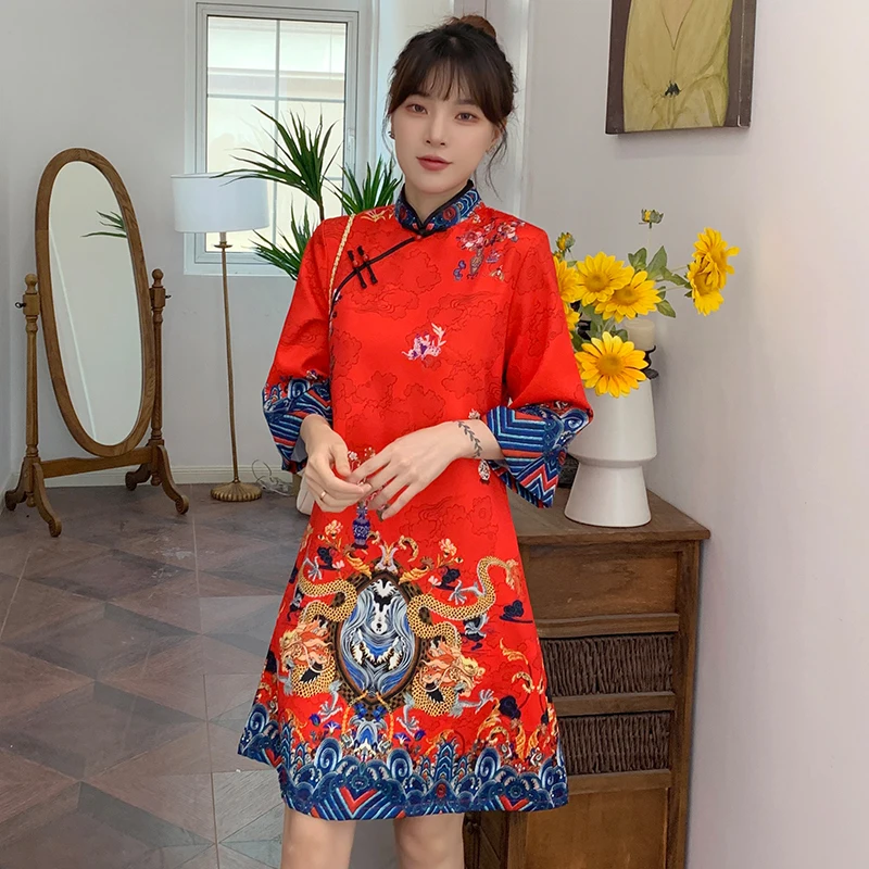 INSสีแดงสีฟ้าหลวม 2021 ใหม่แฟชั่นโมเดิร์นจีนCheongsam A-Lineชุดผู้หญิง 3/4 แขนQipaoเสื้อผ้าจีนแบบดั้งเดิม