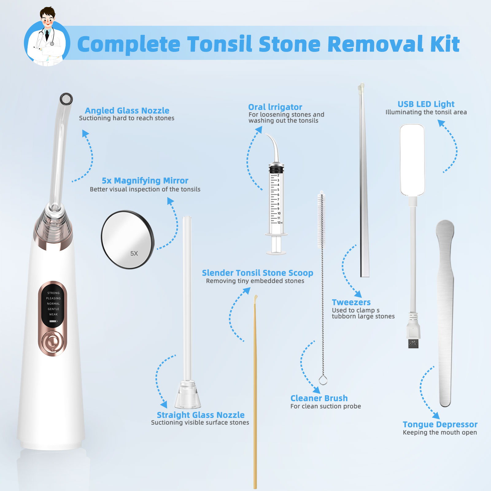 Kit per la rimozione della pietra dell'affilacca 10 in 1 Aspirapolvere elettronico per la bocca Igiene orale con 5 modalità di aspirazione Detergente per la bocca Pulizia dentale