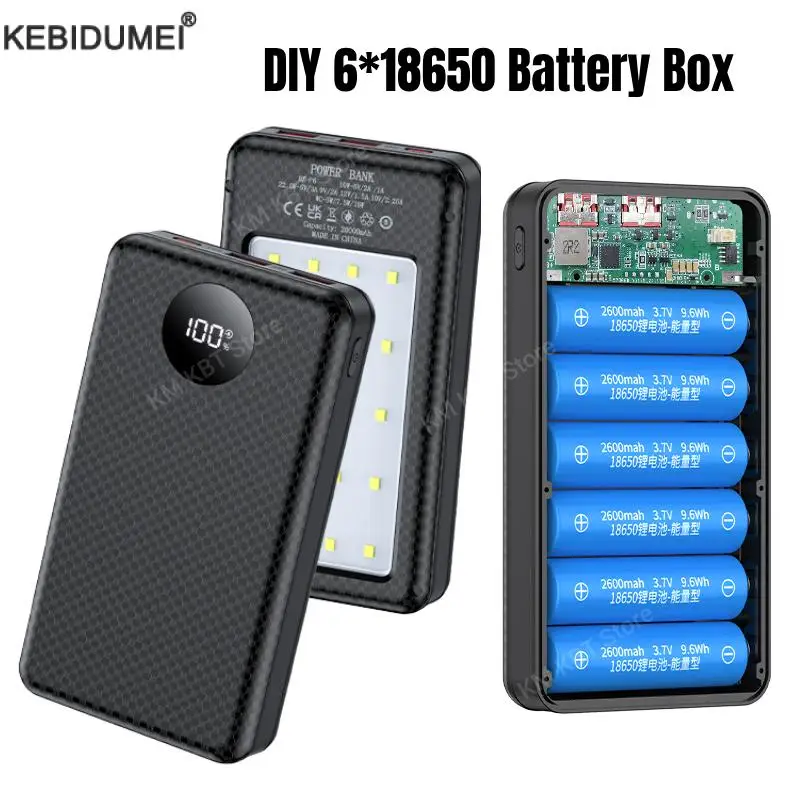 Soporte para caja de batería tipo banco de energía 6*18650, carcasa de carga USB Dual tipo C con luces de camping para iPhone, Huawei 18650