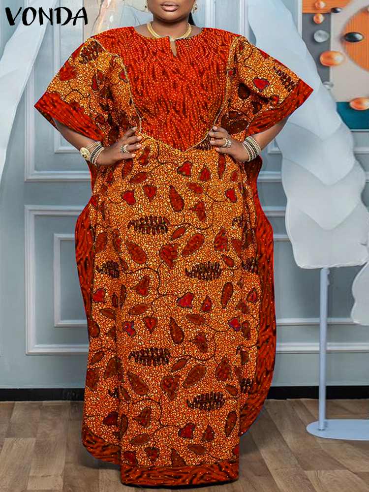 プラスサイズ 5XL 女性マキシロングドレス 2025 夏半袖パーティーサンドレス VONDA セクシーなプリント床長さの Vestidos ローブ