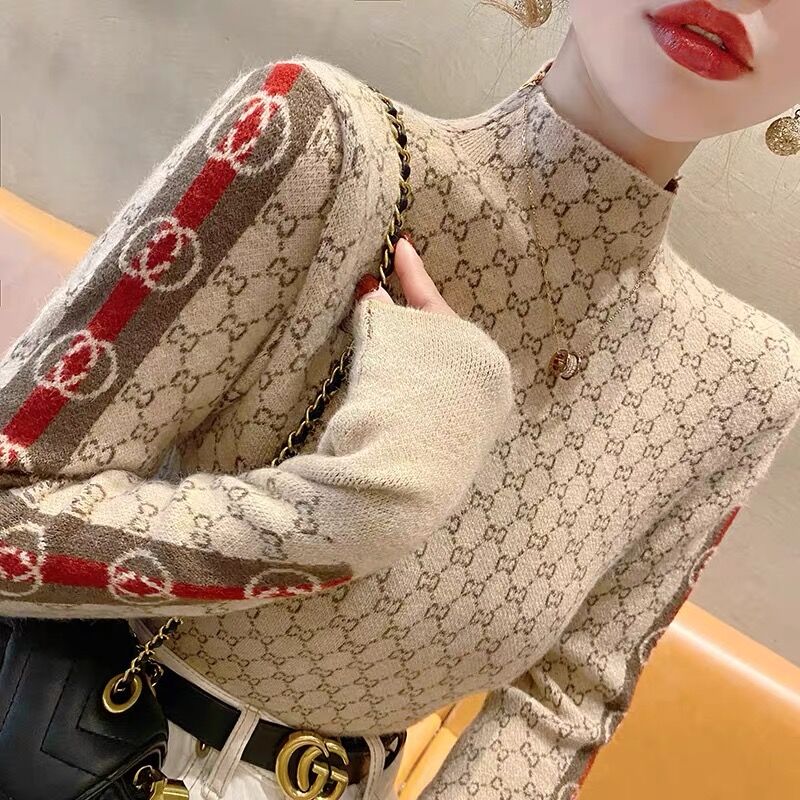 Ropa de mujer elegante moda jersey de punto con letras otoño todo-fósforo ajustado manga larga medio cuello alto jerseys señora Chic Top
