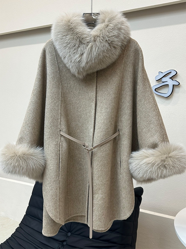 Luxury Double-sided Cashmere Poncho Blend Women Autumn Winter New Long Cloak Real Fox Fur Collar Woolen Coat
