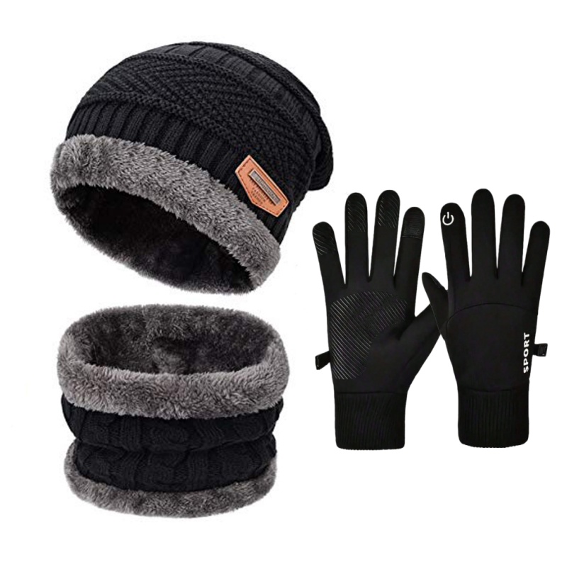 Men's Winter Knitted Beanie Hat, Neck-Warming Scarf, and Touchscreen Glove Set with Wool-Lined Skull Cap
