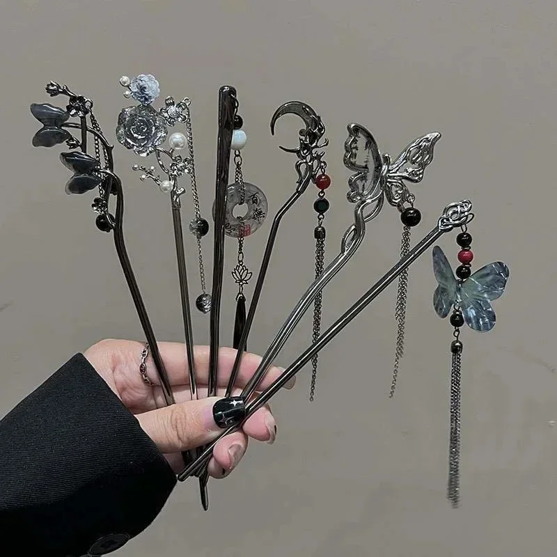 Nuevo estilo chino mariposa flor borla palo de pelo para mujeres Vintage Metal Hanfu palillos para el cabello accesorios para el cabello