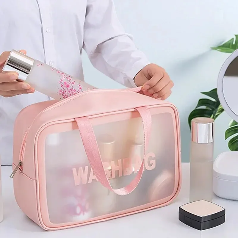 Borsa per trucco e articoli da toeletta trasparente in tre stili da 1 pezzo, borsa di stoccaggio portatile smerigliata semitrasparente in PVC di grande capacità