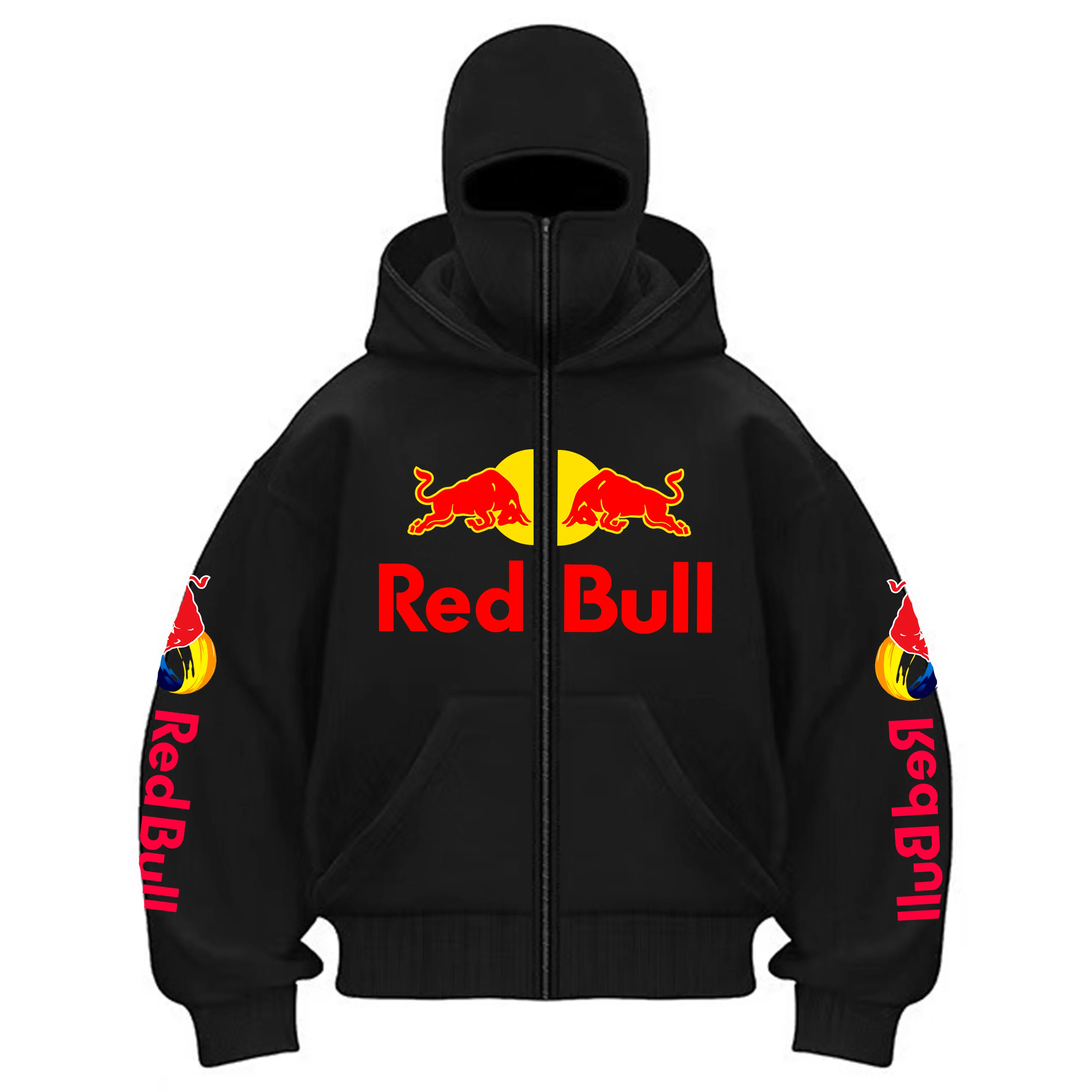 Новая мужская осенне-зимняя спортивная модная толстовка на молнии Red Bull с маской с капюшоном на молнии, спортивная куртка для активного отдыха