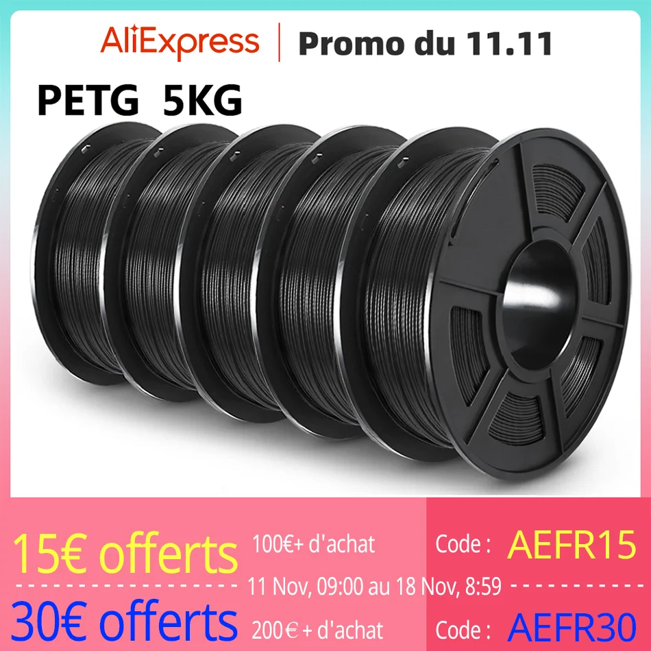 SUNLU PETG Filament 3D 1KG 1.75MM 5 rouleaux organisés soigné sans colmatage sans bulle sans odeur écologique bonne ténacité