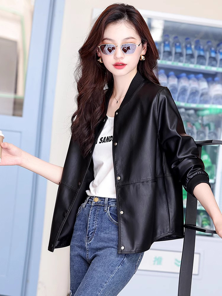 New Women Casual Leather Jacket Spring Autumn Fashion Patchwork V-Neck Single Breasted Loose Short Outerwear Split Leather