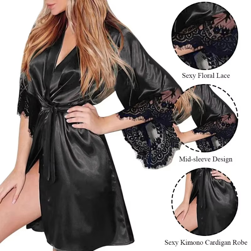 Femmes Robe de nuit Robe avec G String dentelle florale peignoir manches serrées chemise de nuit femme français Sexy soyeux Satin vêtements de nuit