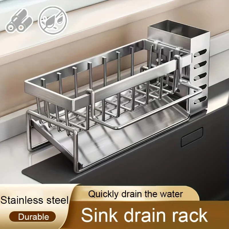Estante de almacenamiento de Herramientas de limpieza de fregadero, escurridor multifuncional de acero inoxidable para cocina, organizador de esponja, colgador de trapo