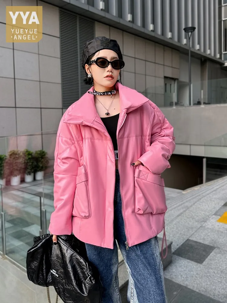 Mode Frauen übergroße Schaffell Echt lederjacke Winter warmweiß Enten Daunen mantel lässig locker sitzen Wind jacke Over ocat