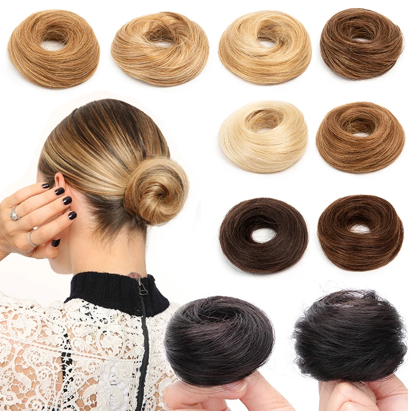 Mrs cabelo humano pães chignon rabo de cavalo peruca updo donut extensões de cabelo real flexível elástico marrom loiro