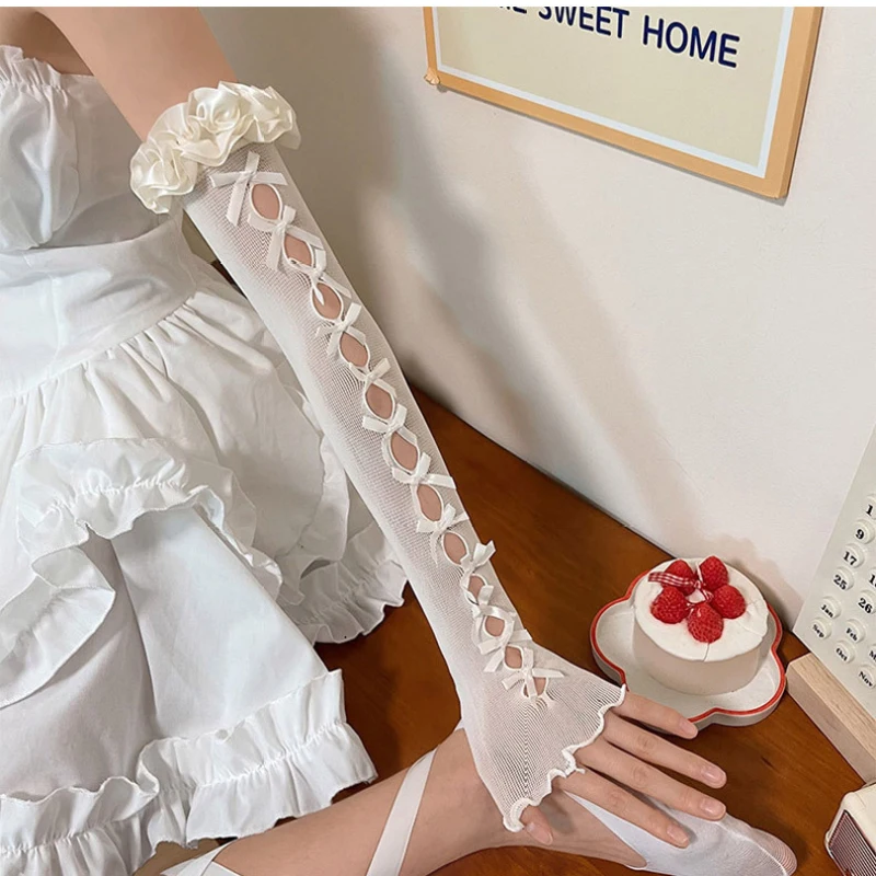 Mulheres cosplay lolita estilo princesa renda flor fina sem dedos luvas longas bonito adorável doce arco elasticidade macio oco