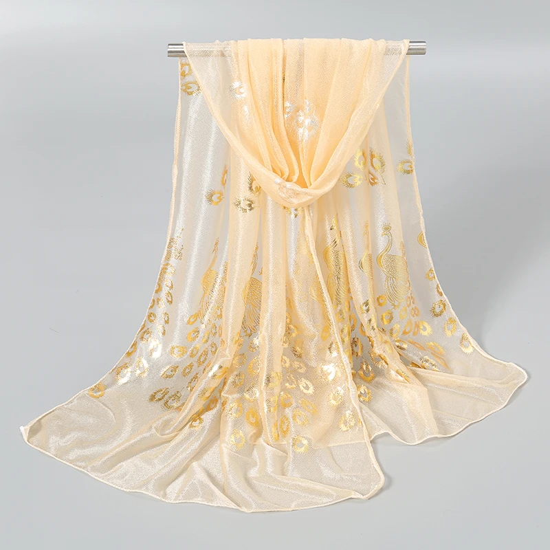 Feminino glitter fino silenciador cor sólida elegante hijab cachecol chiffon longo cachecóis ouro pavão impressão envoltório xale georgette cachecol