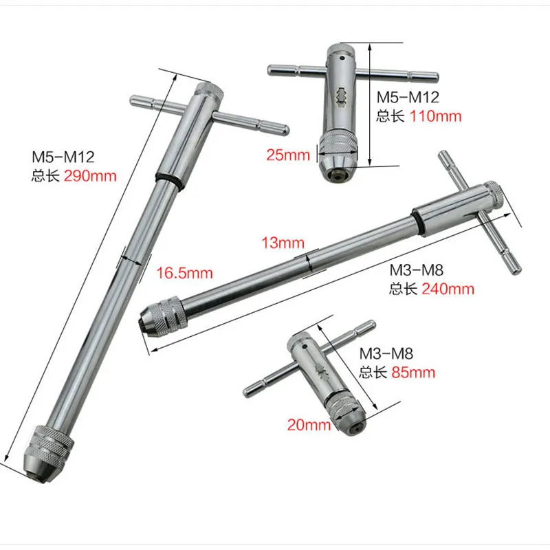M3-8 ajustable con mango en T, llave de grifo de trinquete, soporte de tornillo, rosca macho, enchufe métrico, herramientas de taller mecánico, herramienta de mano