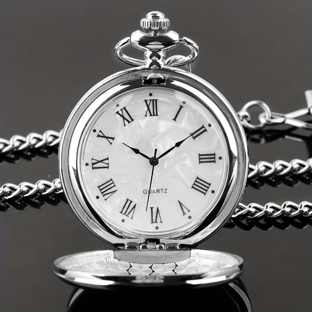 Orologio da tasca al quarzo in acciaio liscio, orologio con quadrante vintage con numeri romani