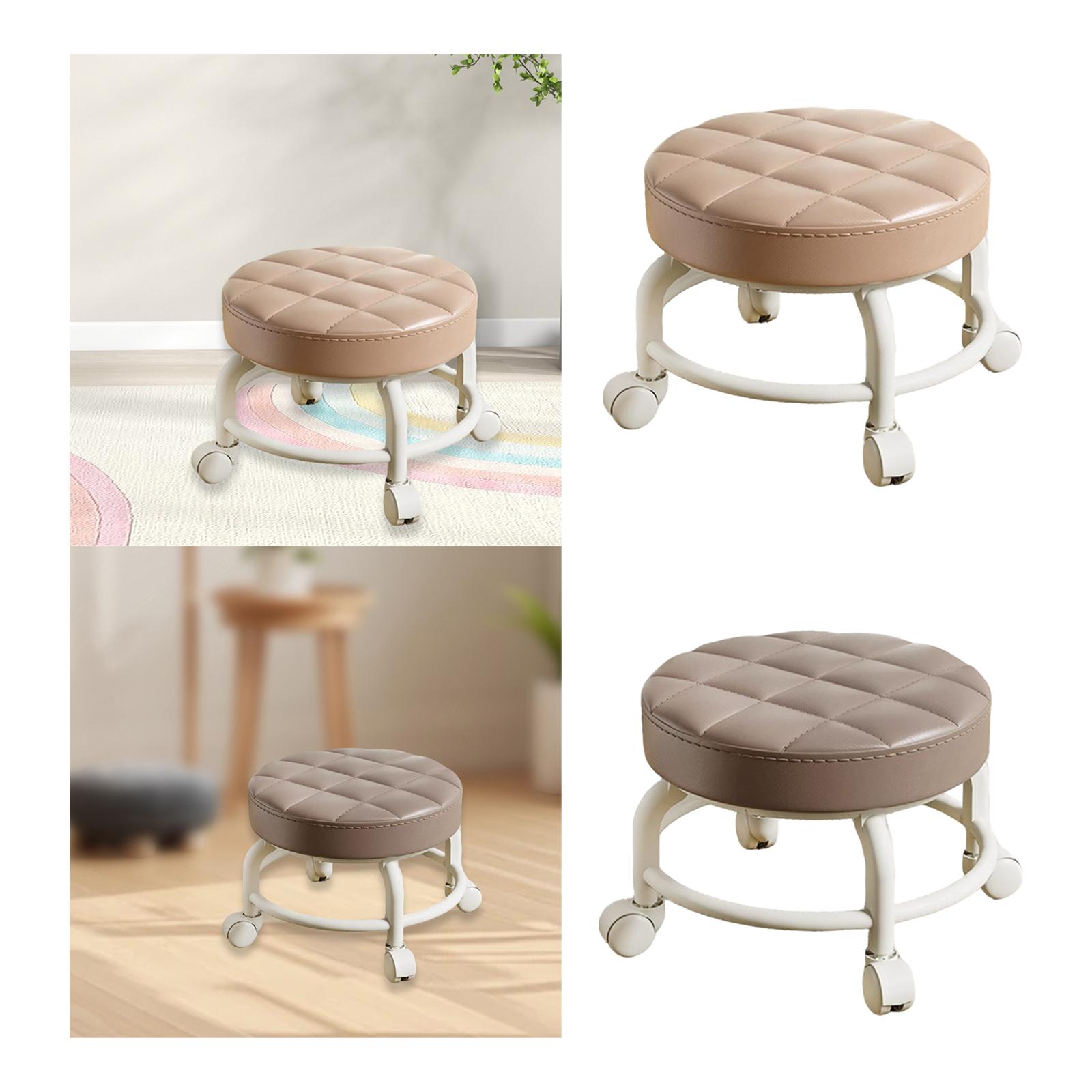 Low Rolling Stool 25x25x20cm round PU Leather Seat with Swivel Wheels Adjustable Height Kitchen Island Bar Seat