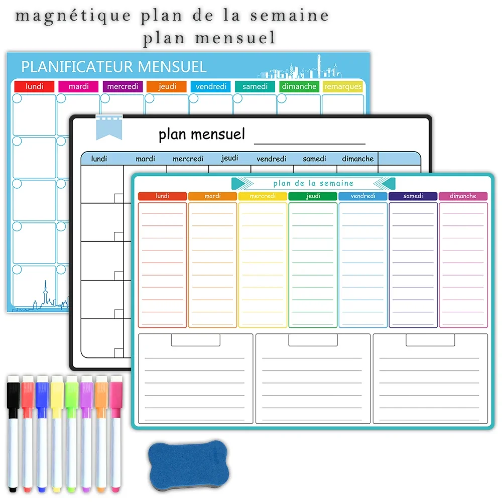 A3 Size Magnetic Weekly &monthly Planner：Spanish, French, English.Dry Erase Whiteboard Fridge Sticker Calendar