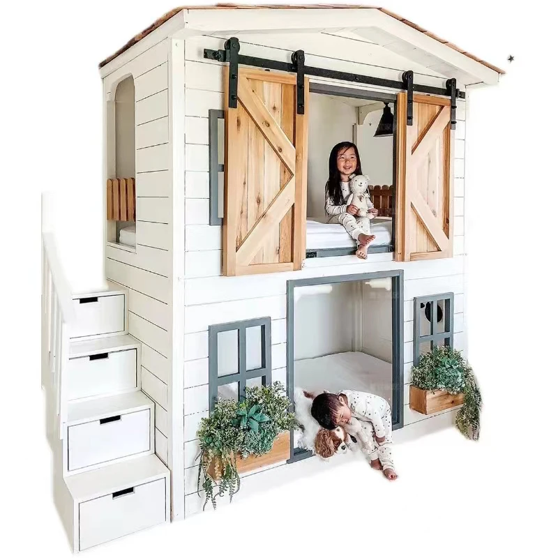 Cama de madera maciza para niños, cama alta y baja, cama doble para niños, cama de Granero