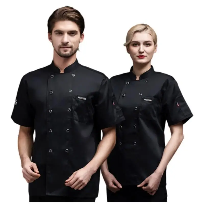 Abrigo de Chef Unisex, chaqueta de Chef de manga corta para hombres y mujeres, uniforme blanco y negro, ropa de trabajo de cocina para restaurante