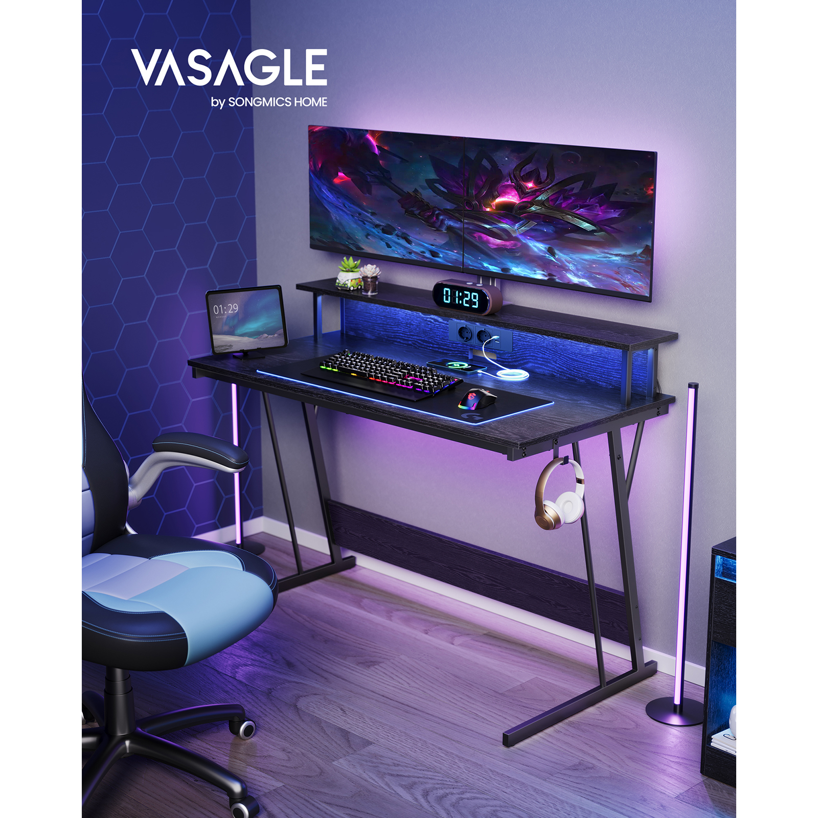 VASAGLE Bureau Gaming avec LED et Multiprise, Table Gamer, Bureau Informatique avec Rehausseur d’Écran, pour 2 Ordinateurs, pour Chambre, 60 x 120 x 76 cm