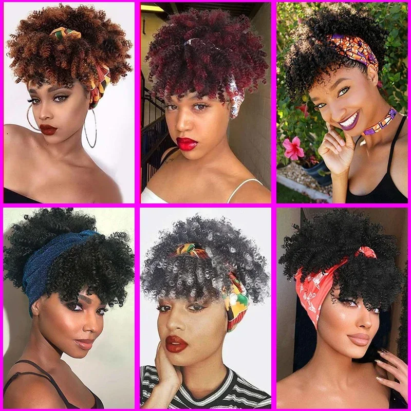 Peruca curta e encaracolada para mulheres, perucas afro puff, turbante sintético natural, peruca wrap, cosplay, uso diário
